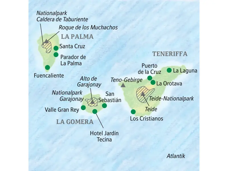 Übersichtskarte der smart & small-Reise von Studiosus auf die Kanaren, die von Teneriffa über La Palma nach La Gomera führt.