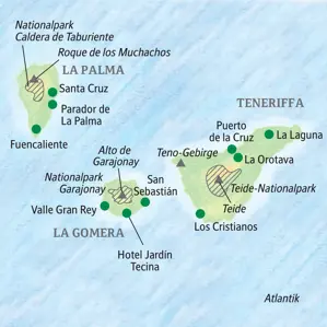 Übersichtskarte der smart & small-Reise von Studiosus auf die Kanaren, die von Teneriffa über La Palma nach La Gomera führt.