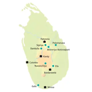 Karte der Sri Lanka Kleingruppenreise: Die Route führt von Habarana über Kandy und Nuwara Eliya ins Hochland zur Küste nach Galle.