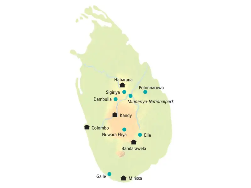 Karte der Sri Lanka Kleingruppenreise: Die Route führt von Habarana über Kandy und Nuwara Eliya ins Hochland zur Küste nach Galle.