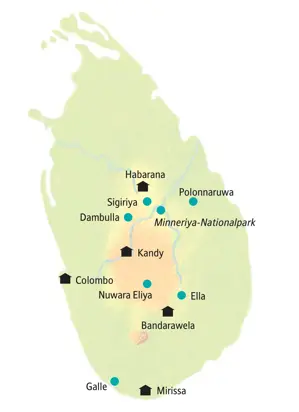 Karte der Sri Lanka Kleingruppenreise: Die Route führt von Habarana über Kandy und Nuwara Eliya ins Hochland zur Küste nach Galle.