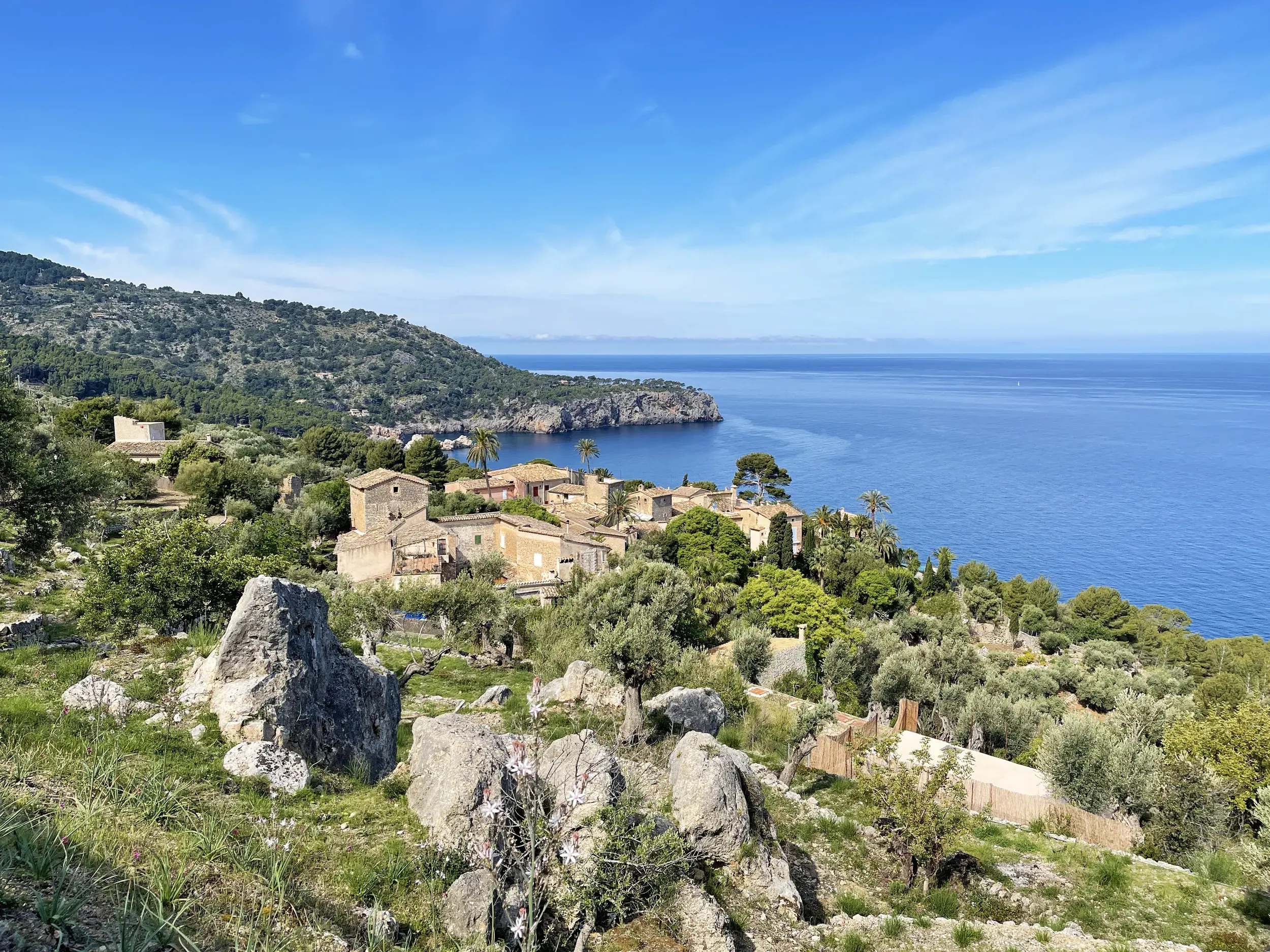 Blick vom Wanderweg GR 221 über Felsen und Olivenhaine auf die Küste und das Dorf Deia in der Serra de Tramuntana.