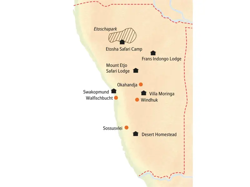 Reiseroute unserer Namibia Kleingruppenreise von Windhuk über Sossusvlei und Swakopmund bis zum Etoscha-Nationalpark.