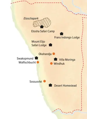 Reiseroute unserer Namibia Kleingruppenreise von Windhuk über Sossusvlei und Swakopmund bis zum Etoscha-Nationalpark.