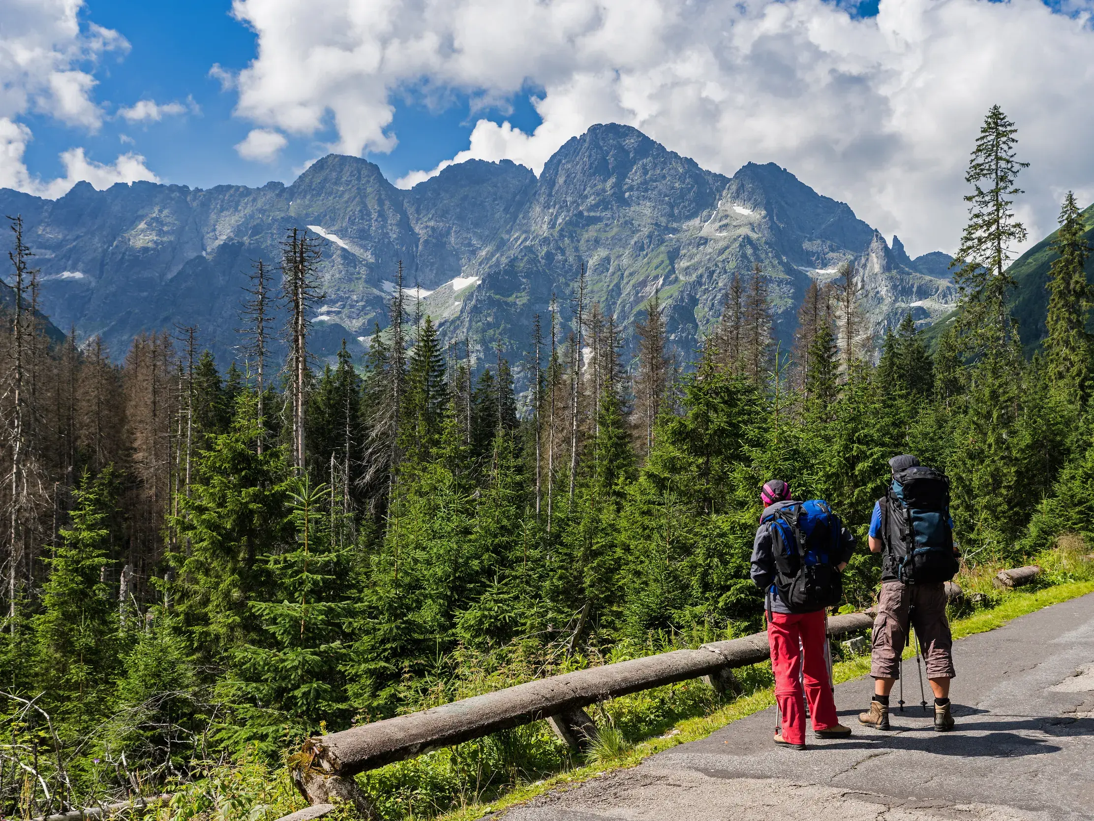 Zwei Wanderer mit Trekkingrucksäcken machen eine Pause auf einem Pfad und blicken auf das Bergpanorama der Hohen Tatra.