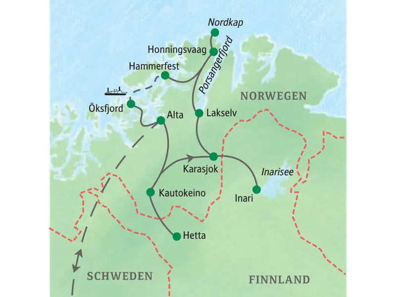 Reiseroute der Studiosus Studienreise in Lappland von Alta über Kautokeino, das Nordkap und mit dem Schiff nach Öksfjord.