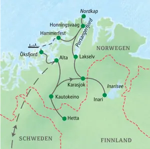 Reiseroute der Studiosus Studienreise in Lappland von Alta über Kautokeino, das Nordkap und mit dem Schiff nach Öksfjord.
