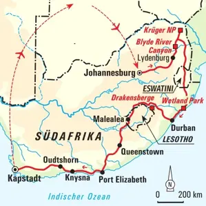 Karte der Hauser Wanderreise in Südafrika: Route von Johannesburg über den Krüger NP, Eswatini, Lesotho und die Garden Route nach Kapstadt.