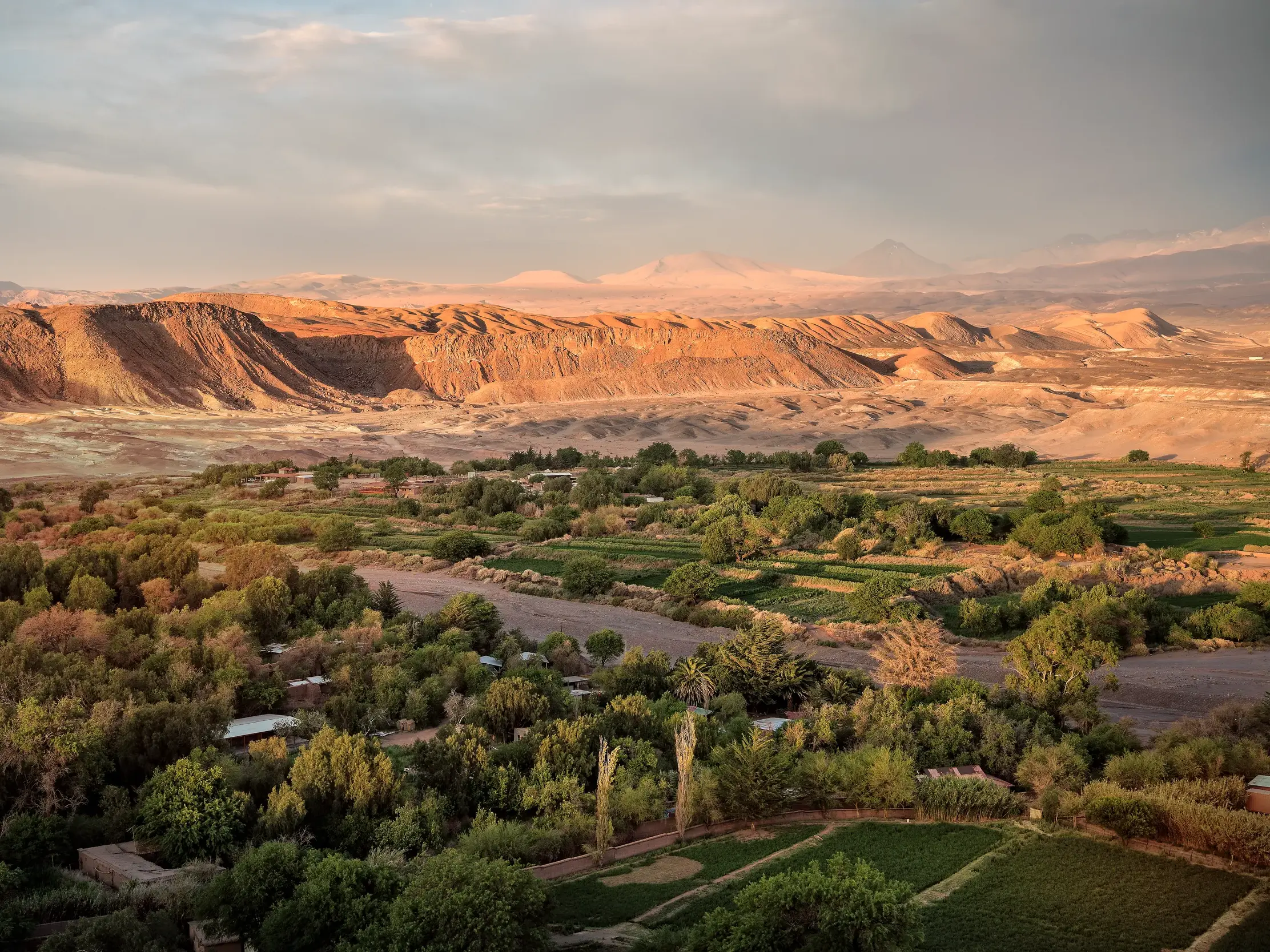 Abendstimmung über der Flussoase San Pedro de Atacama mit Blick auf die rote Salzkordillere und Vulkane der Atacamawüste.