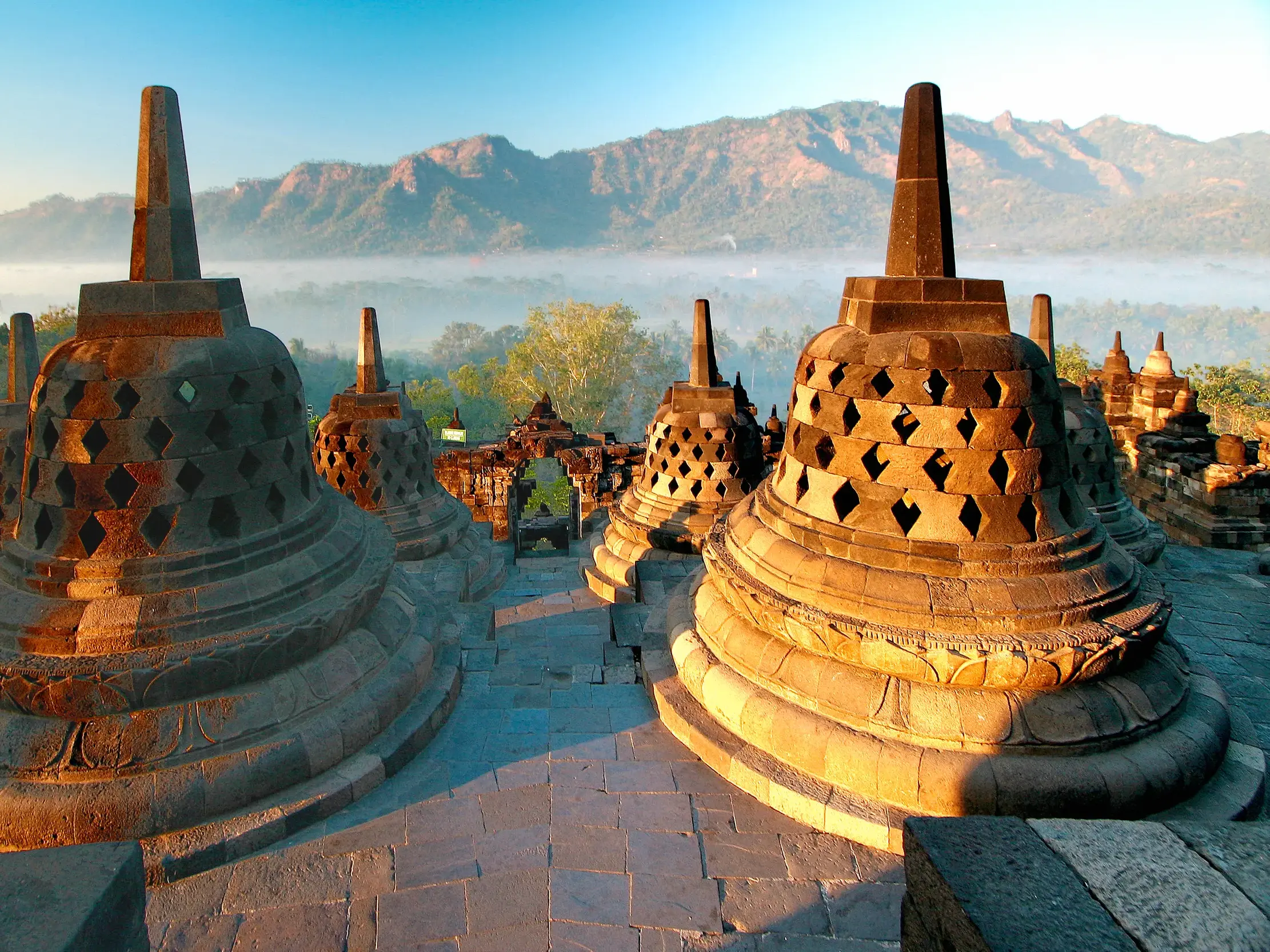 Steinerne Stupas der Tempelanlage Borobudur im warmen Licht des Sonnenaufgangs über dem nebligen Dschungel von Java.