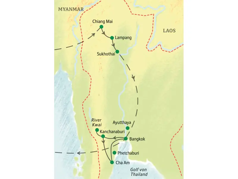 Karte der Studienreise in Thailand von Chiang Mai über Sukhothai und Bangkok bis zum River Kwai und nach Cha Am.