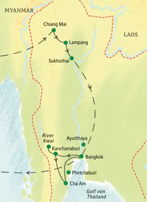 Karte der Studienreise in Thailand von Chiang Mai über Sukhothai und Bangkok bis zum River Kwai und nach Cha Am.