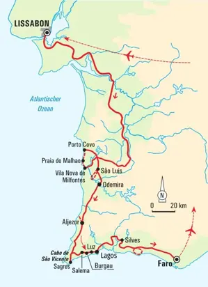 Karte der Wanderreise an Portugals Westküste. Die Route führt von Lissabon entlang des Fischerpfads über São Luis und Lagos nach Faro.