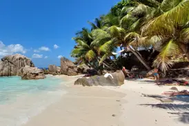 Der berühmte Strand Anse Source d'Argent auf La Digue mit feinem Sand, markanten Granitfelsen und saftig grünen Palmen ist Ausflugsziel bei der Rundreise im Indischen Ozean mit Studiosus.