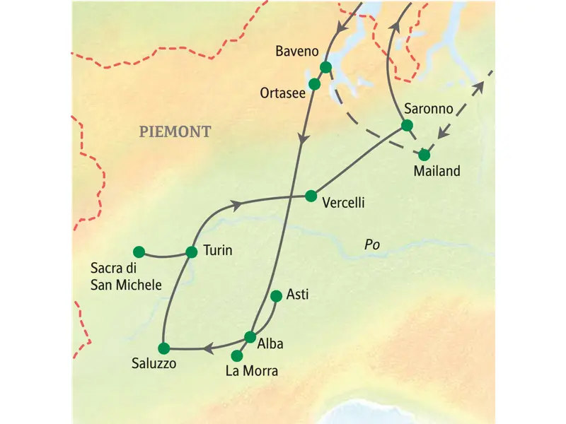 Karte der Studienreise im Piemont: Die Route führt von Baveno über Turin, Saluzzo, Alba, Asti und Vercelli nach Saronno.