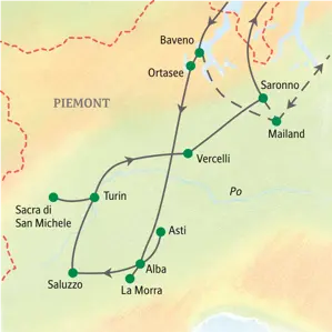 Karte der Studienreise im Piemont: Die Route führt von Baveno über Turin, Saluzzo, Alba, Asti und Vercelli nach Saronno.