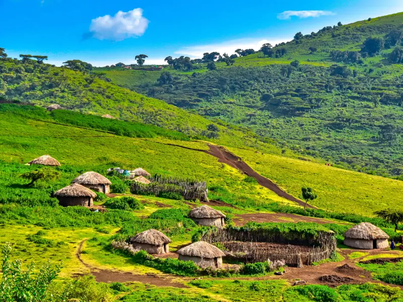 Ein traditionelles Massai-Boma mit strohgedeckten Rundhütten schmiegt sich an die grünen Hügel im Hochland von Tansania.