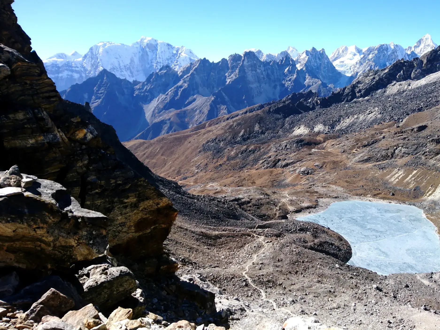 Blick vom Renjo La Pass beim Trekking in Nepal auf einen zugefrorenen Bergsee in einem Tal vor schneebedeckten Himalaya-Gipfeln.