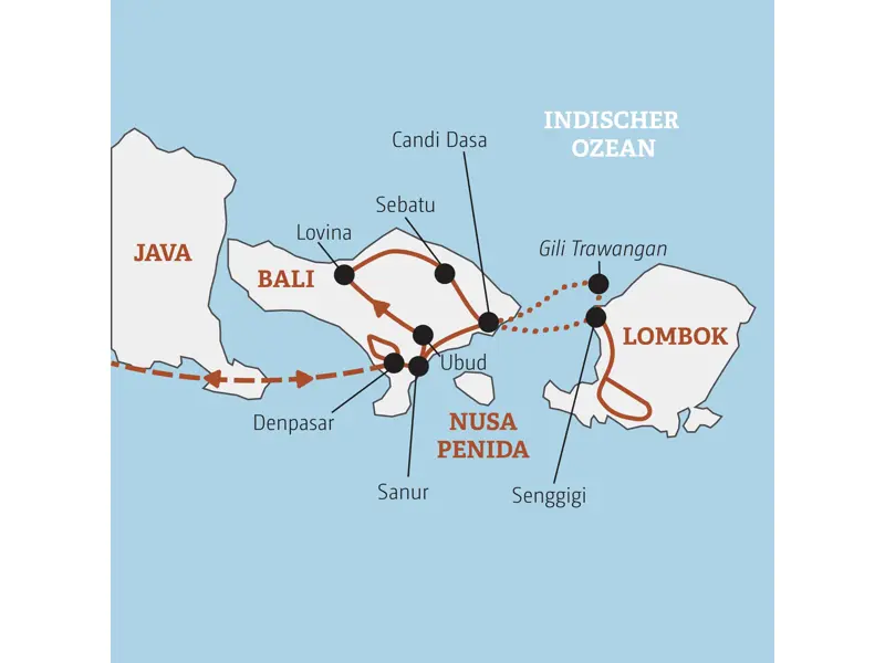 Reisekarte der Marco Polo YOUNG LINE TRAVEL Gruppenreise für junge Leute auf Bali, Lombok & Gili Trawangan mit Stopps in Ubud, Candi Dasa & Senggigi.