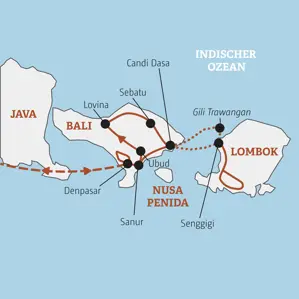 Reisekarte der Marco Polo YOUNG LINE TRAVEL Gruppenreise für junge Leute auf Bali, Lombok & Gili Trawangan mit Stopps in Ubud, Candi Dasa & Senggigi.