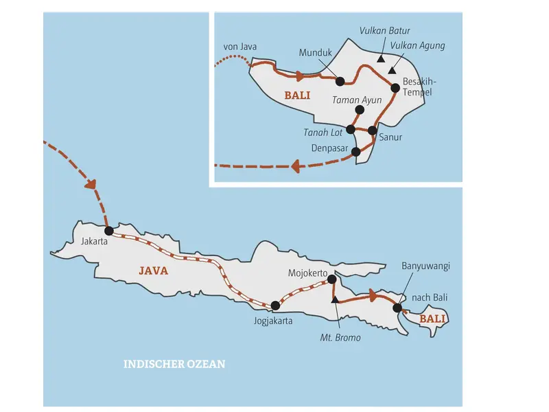 Reiseroute der geführten Rundreise auf Java und Bali: Von Jakarta über Jogjakarta, den Mt. Bromo und Munduk bis nach Sanur.