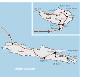 Reiseroute der geführten Rundreise auf Java und Bali: Von Jakarta über Jogjakarta, den Mt. Bromo und Munduk bis nach Sanur.