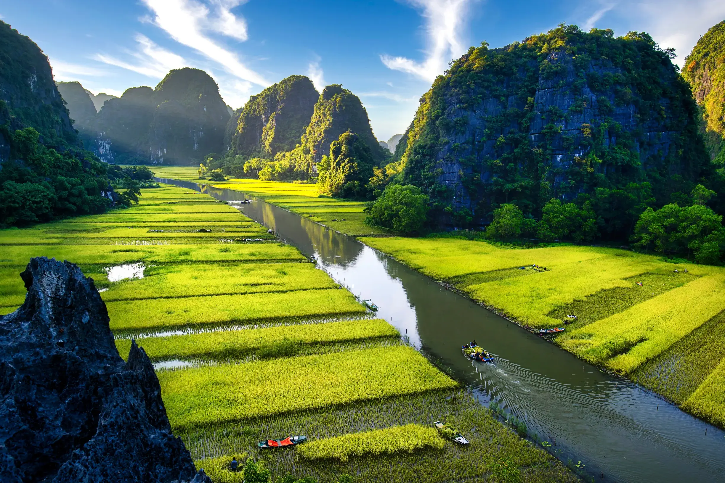 Panoramablick auf den Ngo Dong Fluss in Tam Coc mit grünen Reisfeldern, Karstbergen und kleinen Booten bei Sonnenschein.