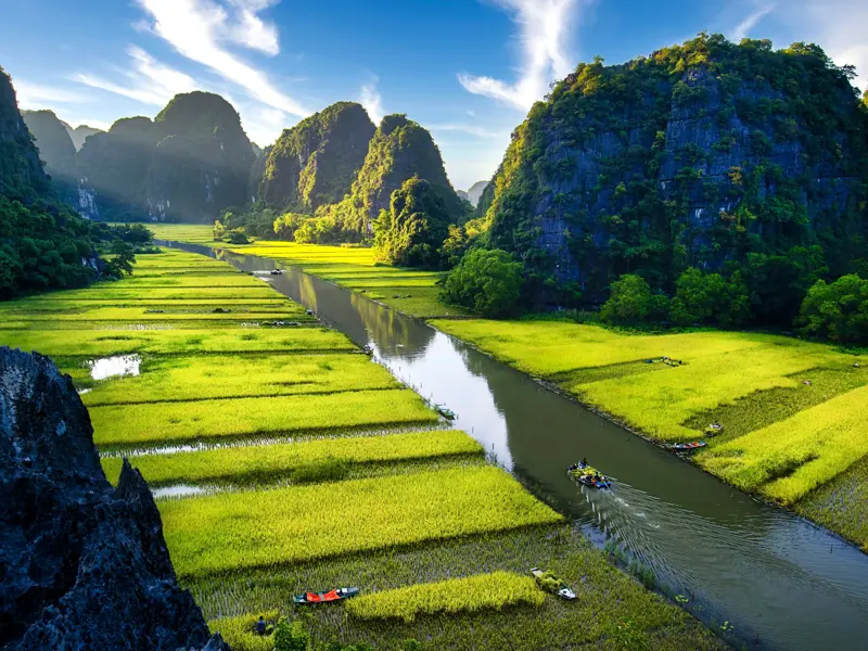 Panoramablick auf den Ngo Dong Fluss in Tam Coc mit grünen Reisfeldern, Karstbergen und kleinen Booten bei Sonnenschein.