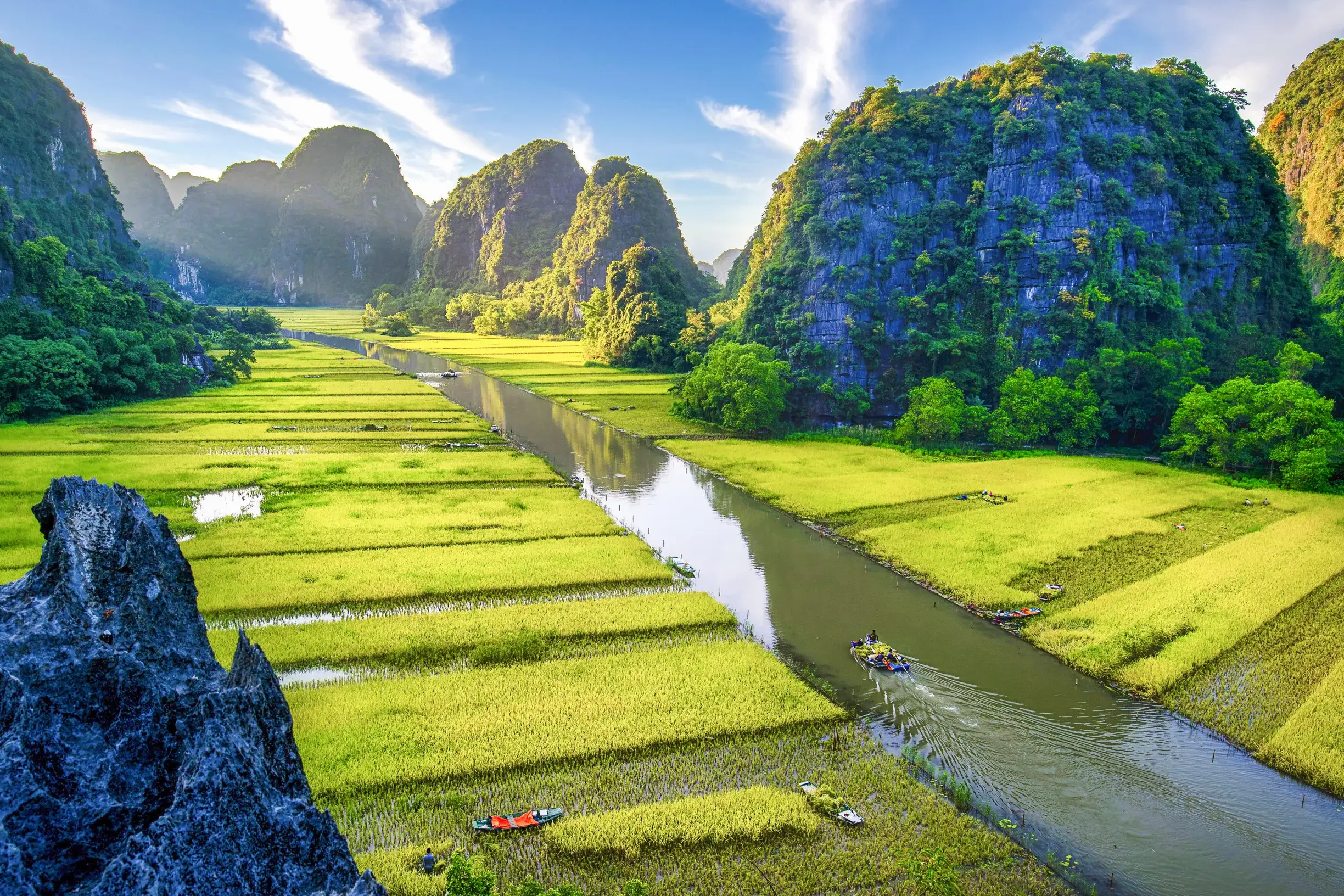 Panoramablick von der Mua Höhle auf die trockene Halong Bucht mit leuchtend grünen Reisterrassen und Booten auf dem Ngo Dong Fluss.