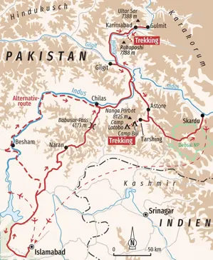 Karte der Trekkingreise in Pakistan von Islamabad über Gilgit ins Hunza-Tal, zum Nanga Parbat und nach Skardu.