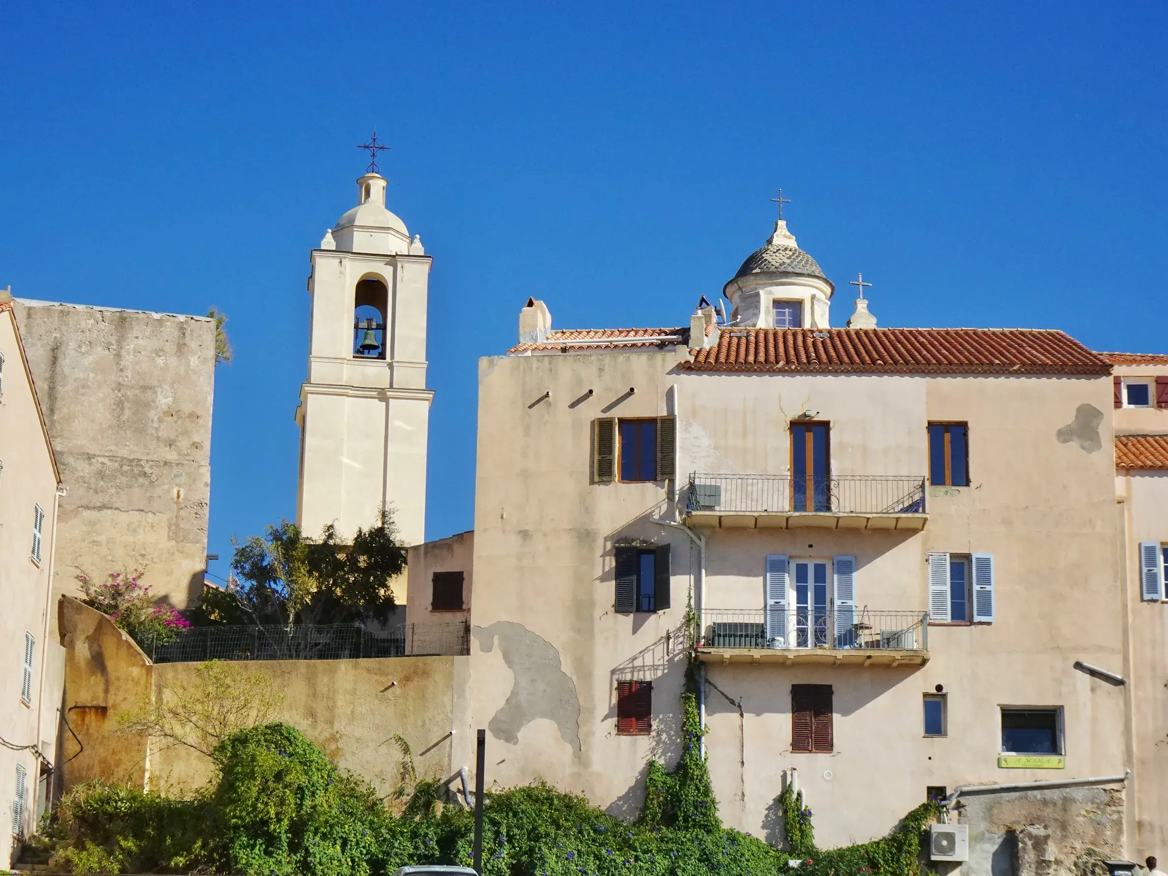 Historische Altstadt von Calvi mit dem Kirchturm der Kathedrale Saint-Jean-Baptiste vor strahlend blauem Himmel auf Korsika.