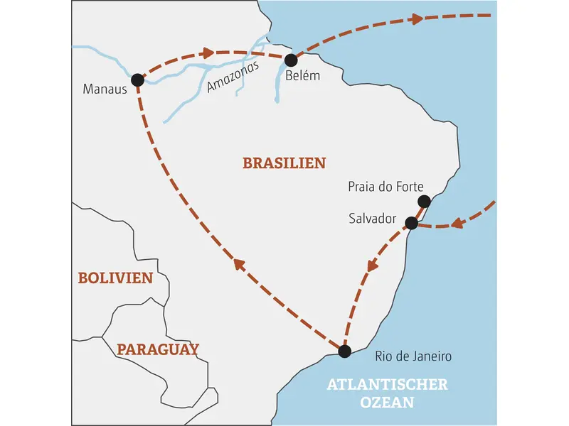 Karte der Marco Polo YOUNG LINE TRAVEL Rundreise in Brasilien von Salvador über Praia do Forte und Rio de Janeiro bis nach Manaus am Amazonas.