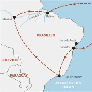 Karte der Marco Polo YOUNG LINE TRAVEL Rundreise in Brasilien von Salvador über Praia do Forte und Rio de Janeiro bis nach Manaus am Amazonas.