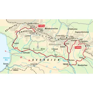 Karte unserer Trekkingreise in Georgien: Die Route startet in Tiflis und führt durch Tuschetien, Swanetien und zum Kasbek.