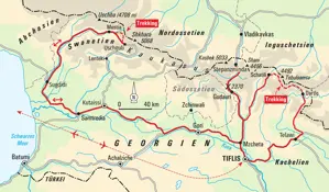 Karte der Hauser Trekkingreise in Georgien: die Route führt von Tiflis durch Tuschetien, zum Kasbek und durch Swanetien.