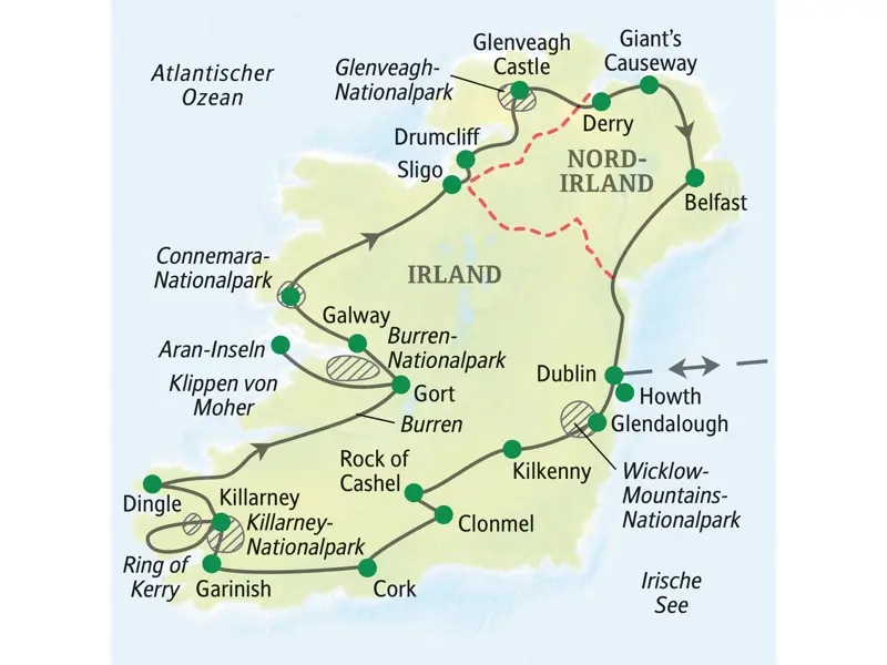 Karte der Studiosus Studienreise durch Irland und Nordirland. Die Route führt von Dublin über den Ring of Kerry zum Giant's Causeway.