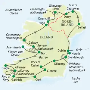 Karte der Studiosus Studienreise durch Irland und Nordirland. Die Route führt von Dublin über den Ring of Kerry zum Giant's Causeway.