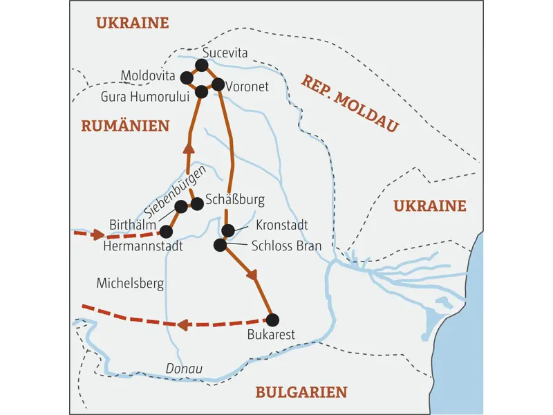 Karte der Rumänien-Rundreise mit der Route von Hermannstadt in Siebenbürgen über die Moldauklöster und Kronstadt nach Bukarest.