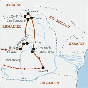 Karte der Rumänien-Rundreise mit der Route von Hermannstadt in Siebenbürgen über die Moldauklöster und Kronstadt nach Bukarest.