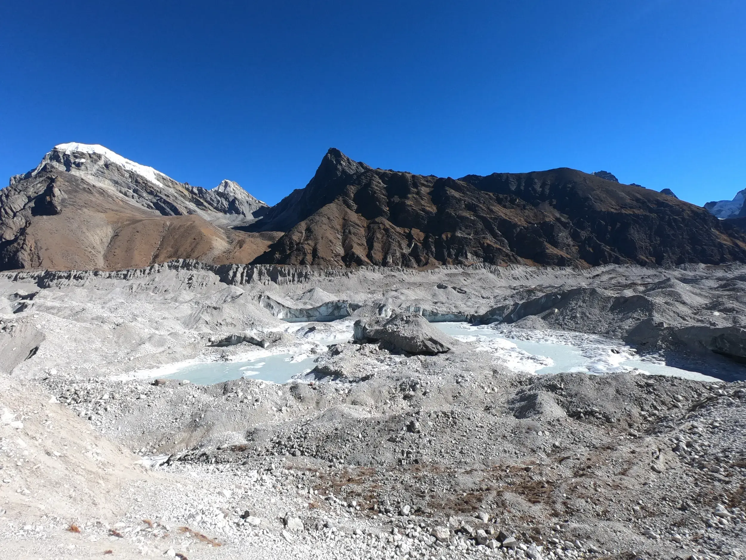 Weitblick über das Geröll- und Eislabyrinth des Ngozumpa-Gletschers mit Schmelzwasserseen in der Khumbu-Region bei klarem Himmel.