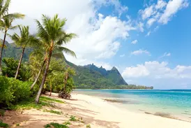 Heller Sandstrand mit Palmen und türkisfarbenem Pazifik vor der beeindruckenden, grünen Bergkulisse der Insel Kauai.