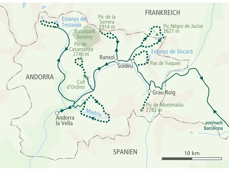 Karte der Wanderreise in Andorra mit der Route von Soldeu aus ins Madriu-Tal, zum Pic de la Serrera und Pic de Montmalús.