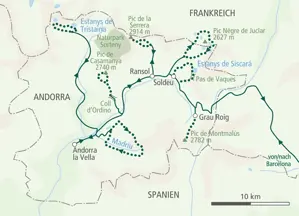 Karte der Wanderreise in Andorra mit der Route von Soldeu aus ins Madriu-Tal, zum Pic de la Serrera und Pic de Montmalús.