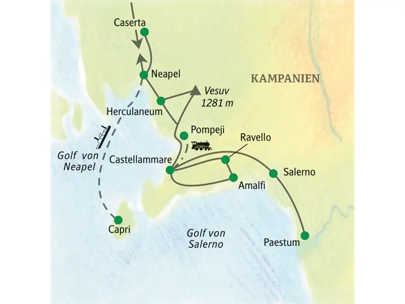 Reiseroute unserer Studienreise in Kampanien: von Neapel über Pompeji, die Amalfiküste und Capri bis nach Paestum.