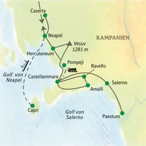 Reiseroute unserer Studienreise in Kampanien: von Neapel über Pompeji, die Amalfiküste und Capri bis nach Paestum.