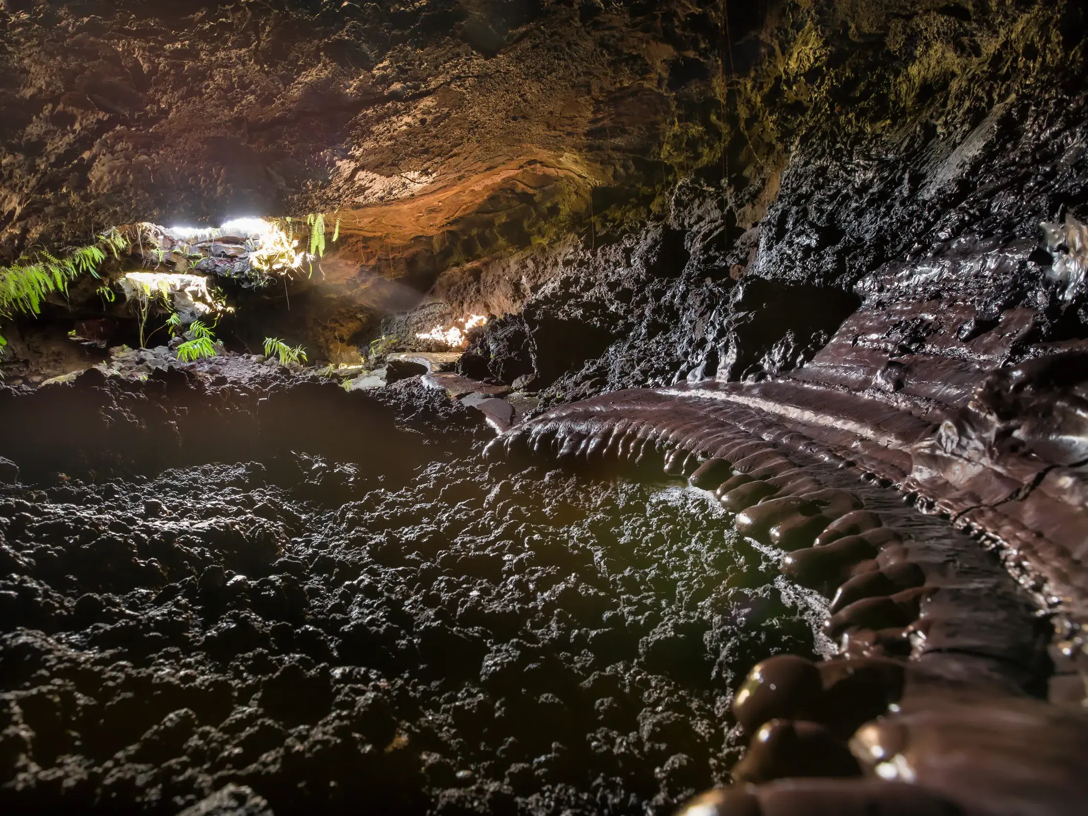 Innenansicht eines Lavatunnels auf La Réunion mit erstarrten, glänzenden Lavaformationen und einfallendem Tageslicht.
