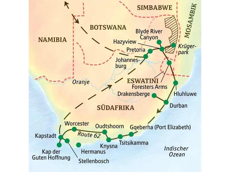 Karte der Südafrika-Studienreise von Johannesburg über den Krüger-Nationalpark und die Gartenroute bis nach Kapstadt.