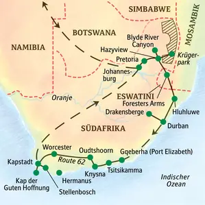 Karte der Südafrika-Studienreise von Johannesburg über den Krüger-Nationalpark und die Gartenroute bis nach Kapstadt.