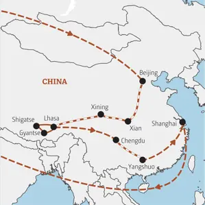 Reiseroute der geführten Rundreise in China und Tibet von Beijing über Xian, Lhasa und Chengdu bis nach Shanghai.