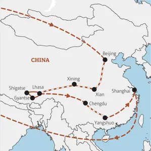 Reiseroute der geführten Rundreise in China und Tibet von Beijing über Xian, Lhasa und Chengdu bis nach Shanghai.